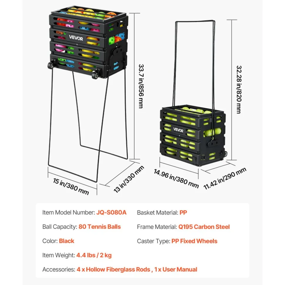 VEVOR Tennis Ball Hopper, Holds 175 Tennis Balls or 290 Pickleballs, Foldable Pickleball Basket Cart with Wheels for Easy Pick Up, Portable Baseball Cart Caddy with Storage Bag, for Training Coaching