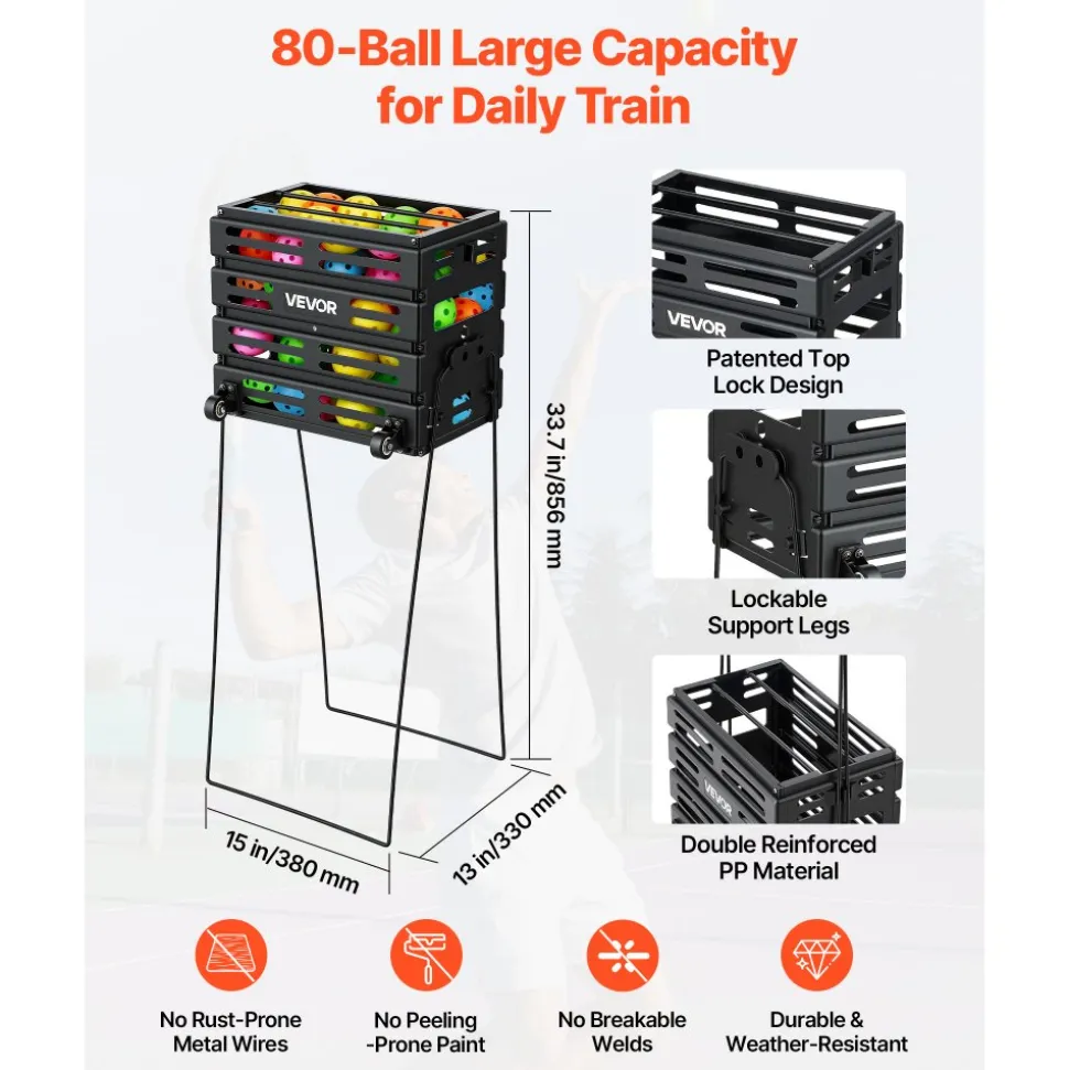 VEVOR Tennis Ball Hopper, Holds 175 Tennis Balls or 290 Pickleballs, Foldable Pickleball Basket Cart with Wheels for Easy Pick Up, Portable Baseball Cart Caddy with Storage Bag, for Training Coaching