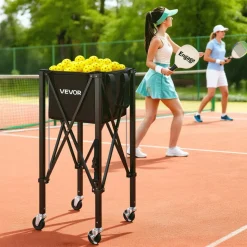 VEVOR Tennis Ball Hopper, Holds 120 Tennis Balls, Foldable Pickleball Basket Cart with Wheels for Easy Pick Up, Lightweight Aluminum Alloy, Portable Pickleball Caddy with Storage Bag, for Training