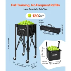 VEVOR Tennis Ball Hopper, Holds 120 Tennis Balls, Foldable Pickleball Basket Cart with Wheels for Easy Pick Up, Lightweight Aluminum Alloy, Portable Pickleball Caddy with Storage Bag, for Training