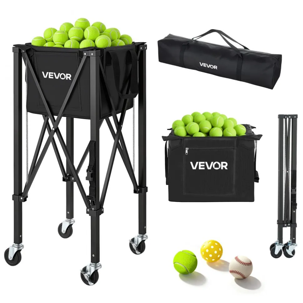 VEVOR Tennis Ball Hopper, Holds 120 Tennis Balls, Foldable Pickleball Basket Cart with Wheels for Easy Pick Up, Lightweight Aluminum Alloy, Portable Pickleball Caddy with Storage Bag, for Training