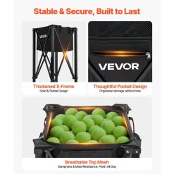VEVOR Tennis Ball Hopper, Holds 120 Tennis Balls, Foldable Pickleball Basket Cart with Wheels for Easy Pick Up, Lightweight Aluminum Alloy, Portable Pickleball Caddy with Storage Bag, for Training