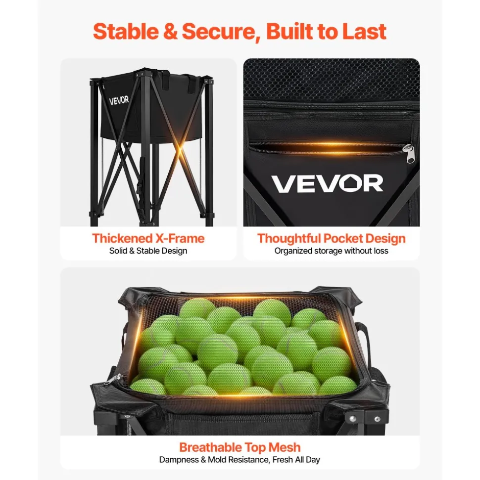 VEVOR Tennis Ball Hopper, Holds 120 Tennis Balls, Foldable Pickleball Basket Cart with Wheels for Easy Pick Up, Lightweight Aluminum Alloy, Portable Pickleball Caddy with Storage Bag, for Training