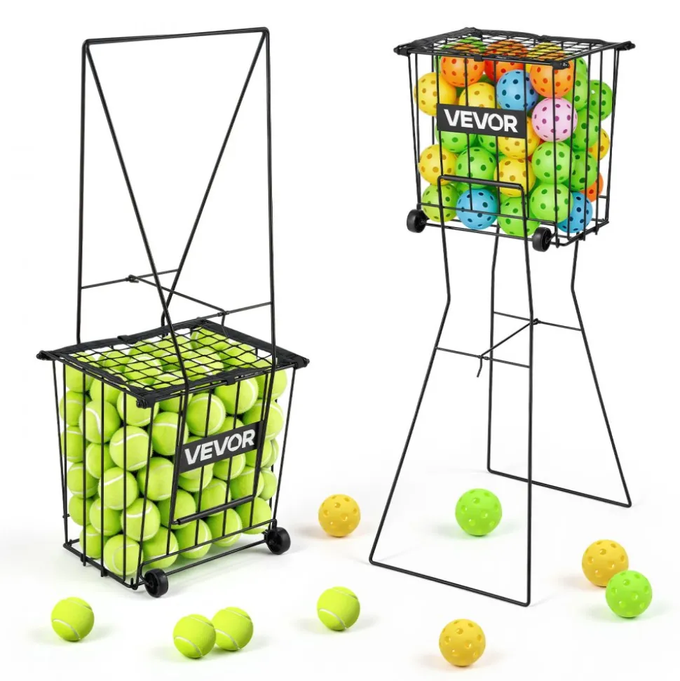 VEVOR Tennis Ball Hopper, Holds 75 Tennis Balls, Pickleball Basket Cart with Wheels for Easy Pick Up, Portable Pickleball Caddy with Heavy-Duty Construction, Handle, for Training Carrying Storage