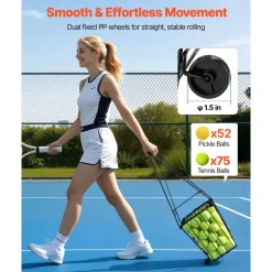 VEVOR Tennis Ball Hopper, Holds 75 Tennis Balls, Pickleball Basket Cart with Wheels for Easy Pick Up, Portable Pickleball Caddy with Heavy-Duty Construction, Handle, for Training Carrying Storage
