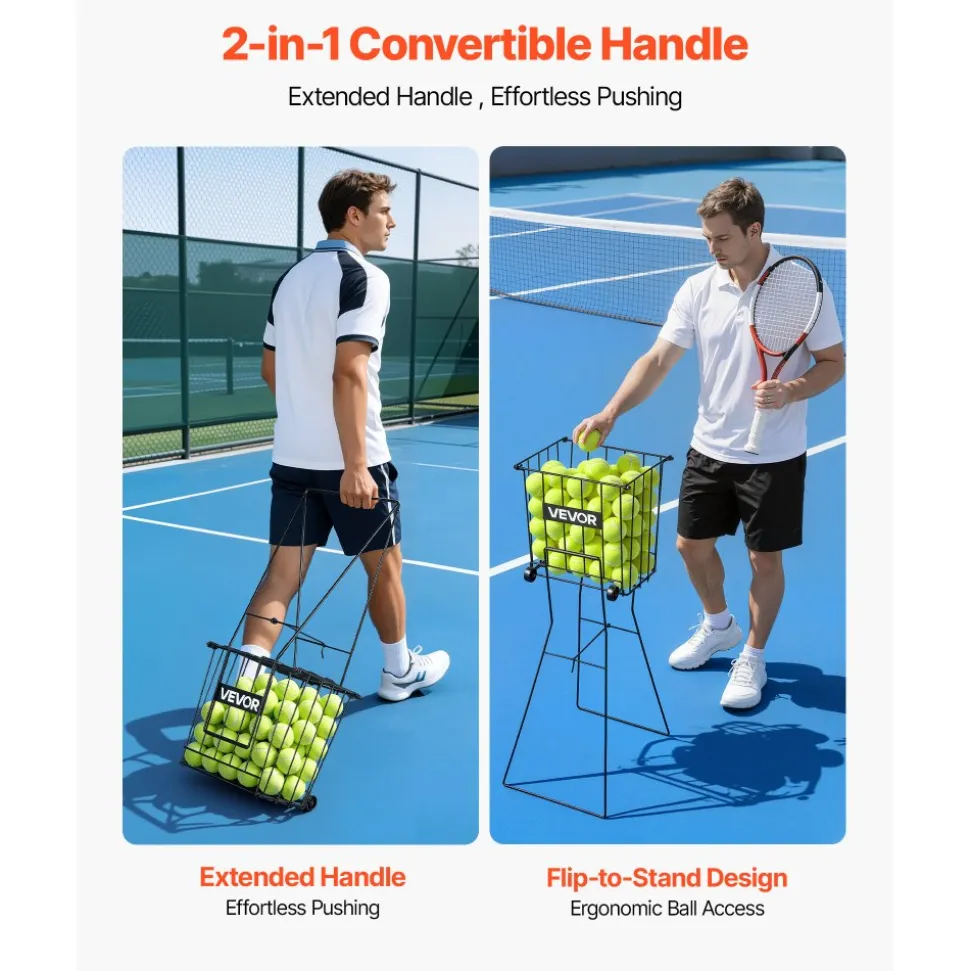 VEVOR Tennis Ball Hopper, Holds 75 Tennis Balls, Pickleball Basket Cart with Wheels for Easy Pick Up, Portable Pickleball Caddy with Heavy-Duty Construction, Handle, for Training Carrying Storage