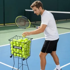 VEVOR Tennis Ball Hopper, Holds 75 Tennis Balls, Pickleball Basket Cart with Wheels for Easy Pick Up, Portable Pickleball Caddy with Heavy-Duty Construction, Handle, for Training Carrying Storage