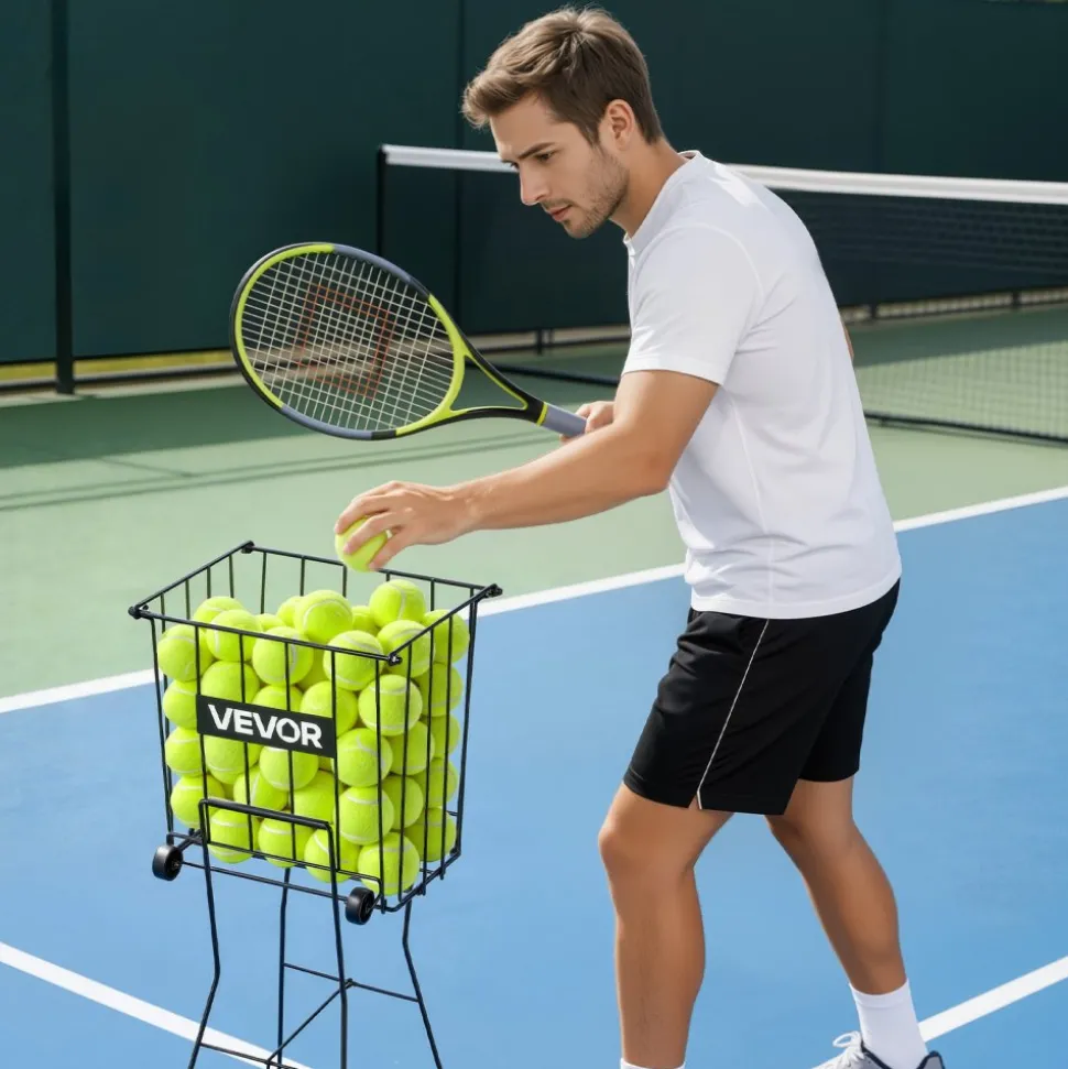 VEVOR Tennis Ball Hopper, Holds 75 Tennis Balls, Pickleball Basket Cart with Wheels for Easy Pick Up, Portable Pickleball Caddy with Heavy-Duty Construction, Handle, for Training Carrying Storage