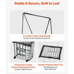 VEVOR Tennis Ball Hopper, Holds 75 Tennis Balls, Pickleball Basket Cart with Wheels for Easy Pick Up, Portable Pickleball Caddy with Heavy-Duty Construction, Handle, for Training Carrying Storage