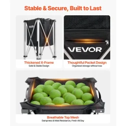 VEVOR Tennis Ball Hopper, Holds 200 Tennis Balls, Foldable Pickleball Basket Cart with Wheels for Easy Pick Up, Stainless Steel Portable Pickleball Cart Caddy with Storage Bag, for Training Teaching