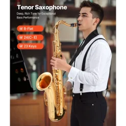 VEVOR Tenor Saxophone, B Flat, Professional Brass Saxophone Beginner Kit with Carrying Case, Mouthpiece, Straps, Cleaning Cloth, Gloves, Neck Strap, 23 Keys Tenor Sax Kit, for Beginners Students, Gold