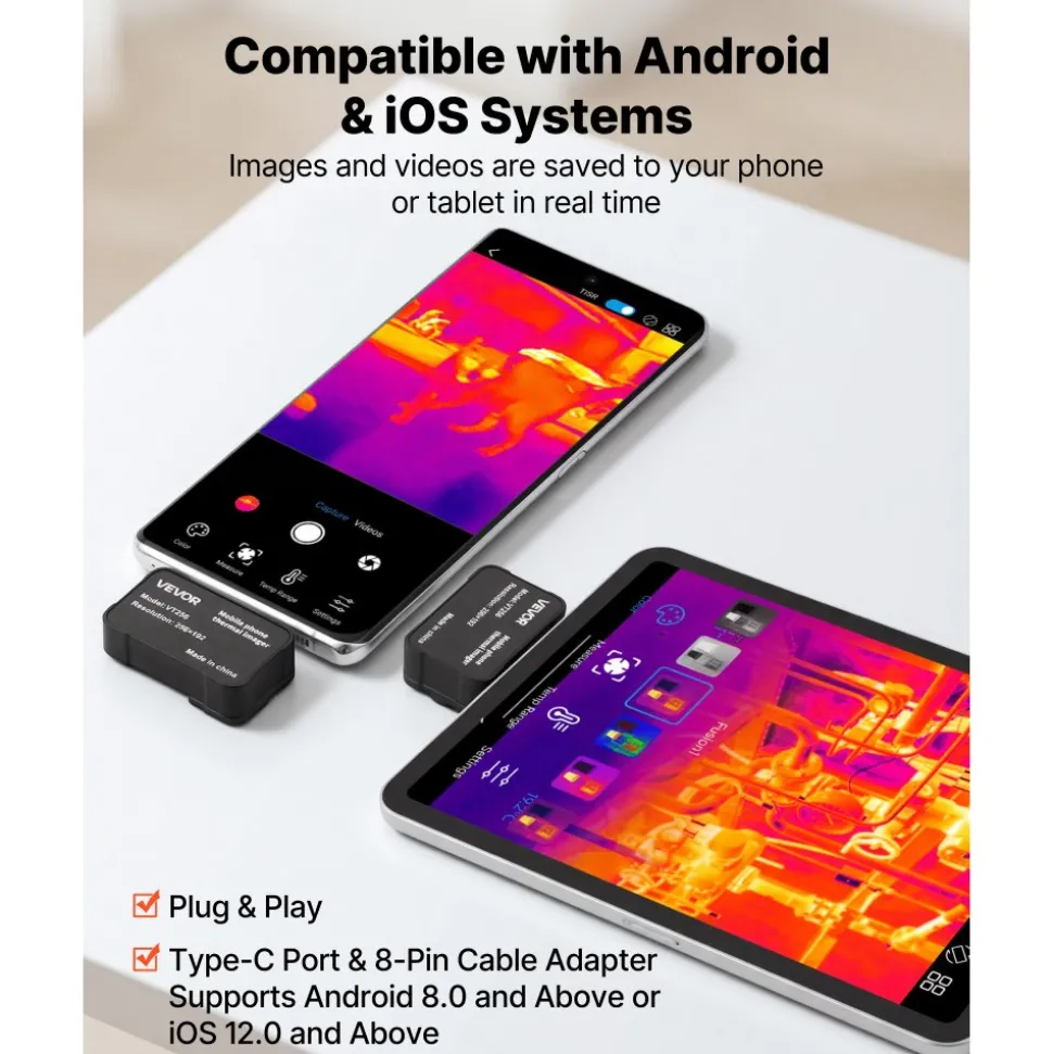 VEVOR Thermal Imaging Camera for Android & iOS, 512 x 384 Super Resolution with Macro Lens, 25HZ Refresh Rate Infrared Thermal Imager for Smartphones Tablets, 256 x 192 IR Resolution, -4°F to 1022°F