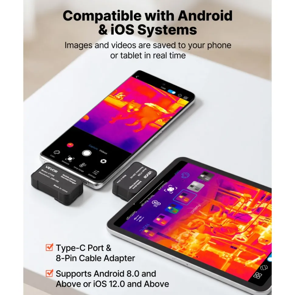 VEVOR Thermal Imaging Camera for Android & iOS, 512 x 384 Super Resolution, 25HZ Refresh Rate Infrared Thermal Imager for Smartphones Tablets, 256 x 192 IR Resolution, -4°F-1022°F & 6 Color Palettes