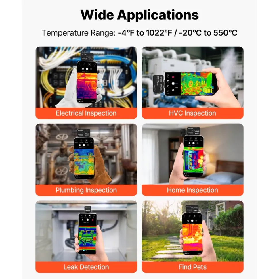 VEVOR Thermal Imaging Camera for Android & iOS, 512 x 384 Super Resolution, 25HZ Refresh Rate Infrared Thermal Imager for Smartphones Tablets, 256 x 192 IR Resolution, -4°F-1022°F & 6 Color Palettes
