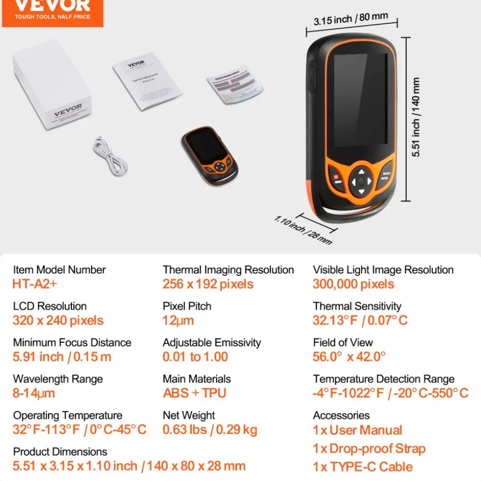 VEVOR Thermal Imaging Camera, 256 x 192 IR Resolution Pocket Infrared Thermal Imager with WiFi, 25Hz Refresh Rate Thermal Camera Pocket with 3.2" Touch Screen, 0.3MP Visual Camera, -4℉-1022℉, IP54