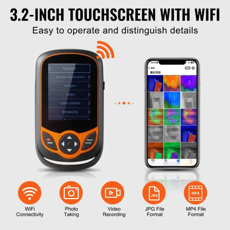 VEVOR Thermal Imaging Camera, 256 x 192 IR Resolution Pocket Infrared Thermal Imager with WiFi, 25Hz Refresh Rate Thermal Camera Pocket with 3.2" Touch Screen, 0.3MP Visual Camera, -4℉-1022℉, IP54