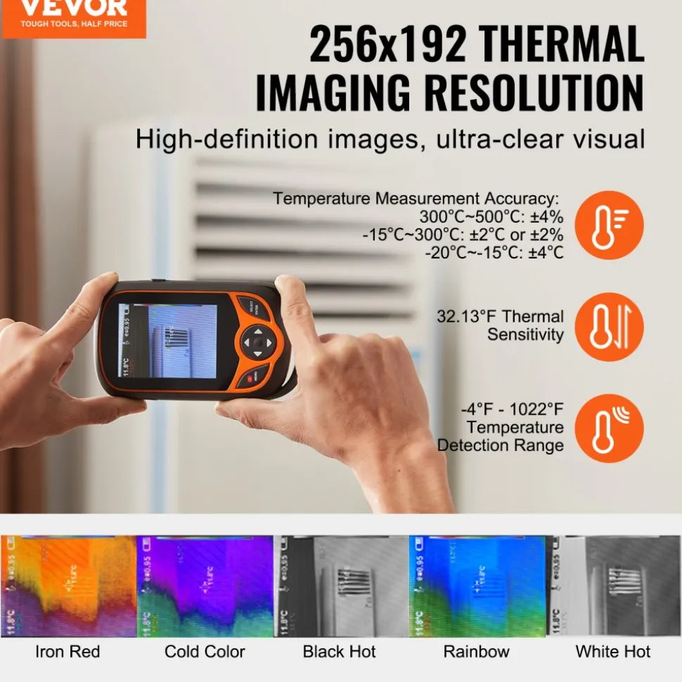 VEVOR Thermal Imaging Camera, 256 x 192 IR Resolution Pocket Infrared Thermal Imager with WiFi, 25Hz Refresh Rate Thermal Camera Pocket with 3.2" Touch Screen, 0.3MP Visual Camera, -4℉-1022℉, IP54