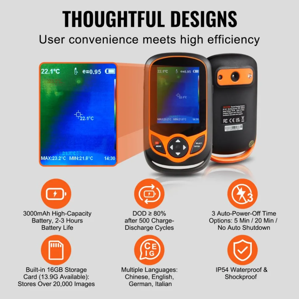 VEVOR Thermal Imaging Camera, 256 x 192 IR Resolution Pocket Infrared Thermal Imager with WiFi, 25Hz Refresh Rate Thermal Camera Pocket with 3.2" Touch Screen, 0.3MP Visual Camera, -4℉-1022℉, IP54