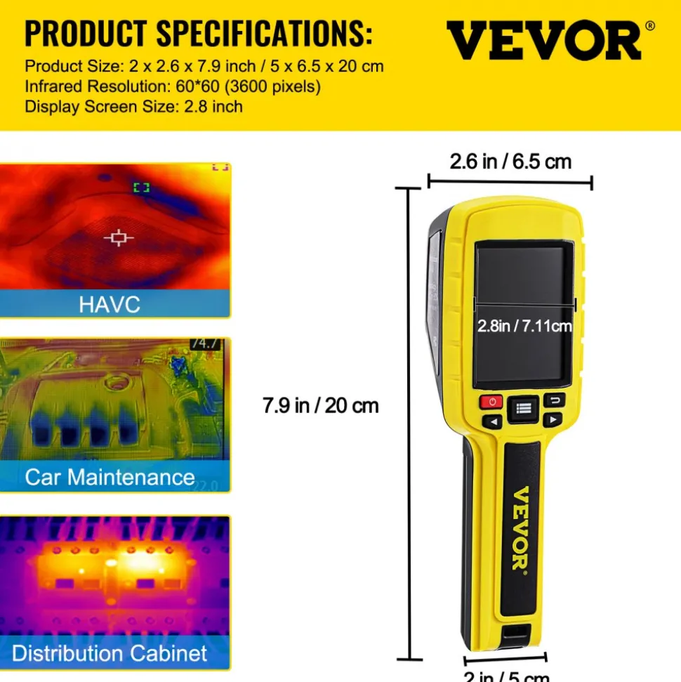 VEVOR Thermal Imaging Camera, 60x60 (3600 Pixels) IR Resolution Infrared Camera with 2.8" Color Display Screen, Built-in SD Card and Li-ion Battery, for HVAC, Electrical System Automatic Detect