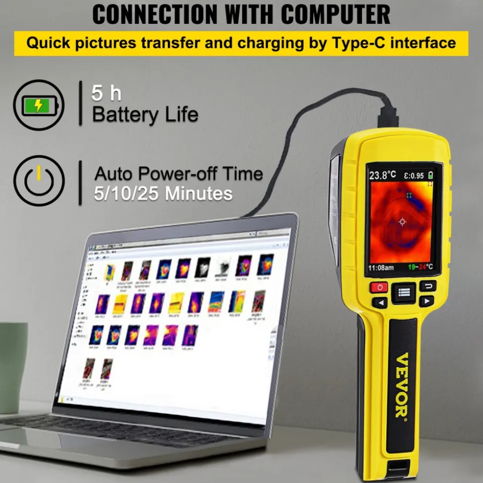 VEVOR Thermal Imaging Camera, 60x60 (3600 Pixels) IR Resolution Infrared Camera with 2.8" Color Display Screen, Built-in SD Card and Li-ion Battery, for HVAC, Electrical System Automatic Detect