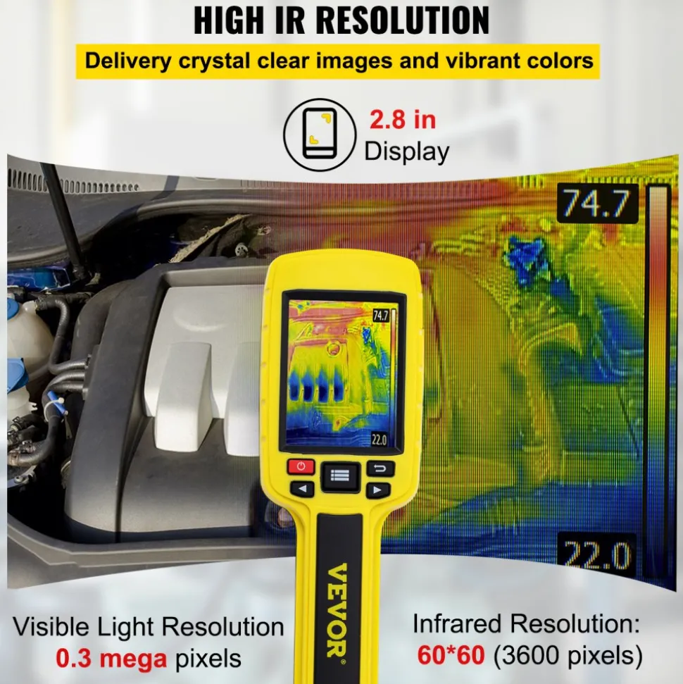 VEVOR Thermal Imaging Camera, 60x60 (3600 Pixels) IR Resolution Infrared Camera with 2.8" Color Display Screen, Built-in SD Card and Li-ion Battery, for HVAC, Electrical System Automatic Detect