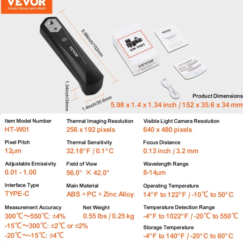 VEVOR Thermal Imaging Camera for Android & IOS, 256 x 192 IR High Resolution, Wireless Infrared Thermal Imager with WiFi & Visual Camera, 25Hz Refresh Rate Thermal Camera for Smartphone, -4°F-1022°F