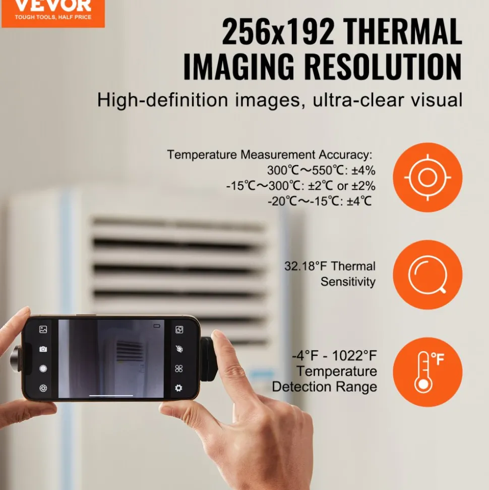 VEVOR Thermal Imaging Camera for Android & IOS, 256 x 192 IR High Resolution, Wireless Infrared Thermal Imager with WiFi & Visual Camera, 25Hz Refresh Rate Thermal Camera for Smartphone, -4°F-1022°F