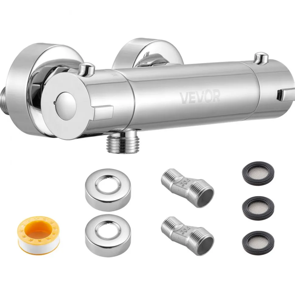 VEVOR Thermostatic Shower Faucet Valve, 100℉ Secure Lock Thermostatic Shower Valve Trim Mixer, Hot Cold Water Showering Faucet Temperature Control Valves for Bathroom, RV, Leak-Proof & Chrome Plated