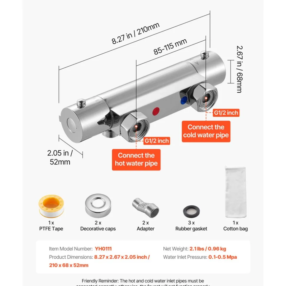 VEVOR Thermostatic Shower Faucet Valve, 100℉ Secure Lock Thermostatic Shower Valve Trim Mixer, Hot Cold Water Showering Faucet Temperature Control Valves for Bathroom, RV, Leak-Proof & Chrome Plated