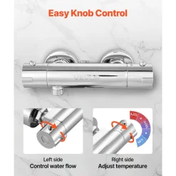VEVOR Thermostatic Shower Faucet Valve, 100℉ Secure Lock Thermostatic Shower Valve Trim Mixer, Hot Cold Water Showering Faucet Temperature Control Valves for Bathroom, RV, Leak-Proof & Chrome Plated