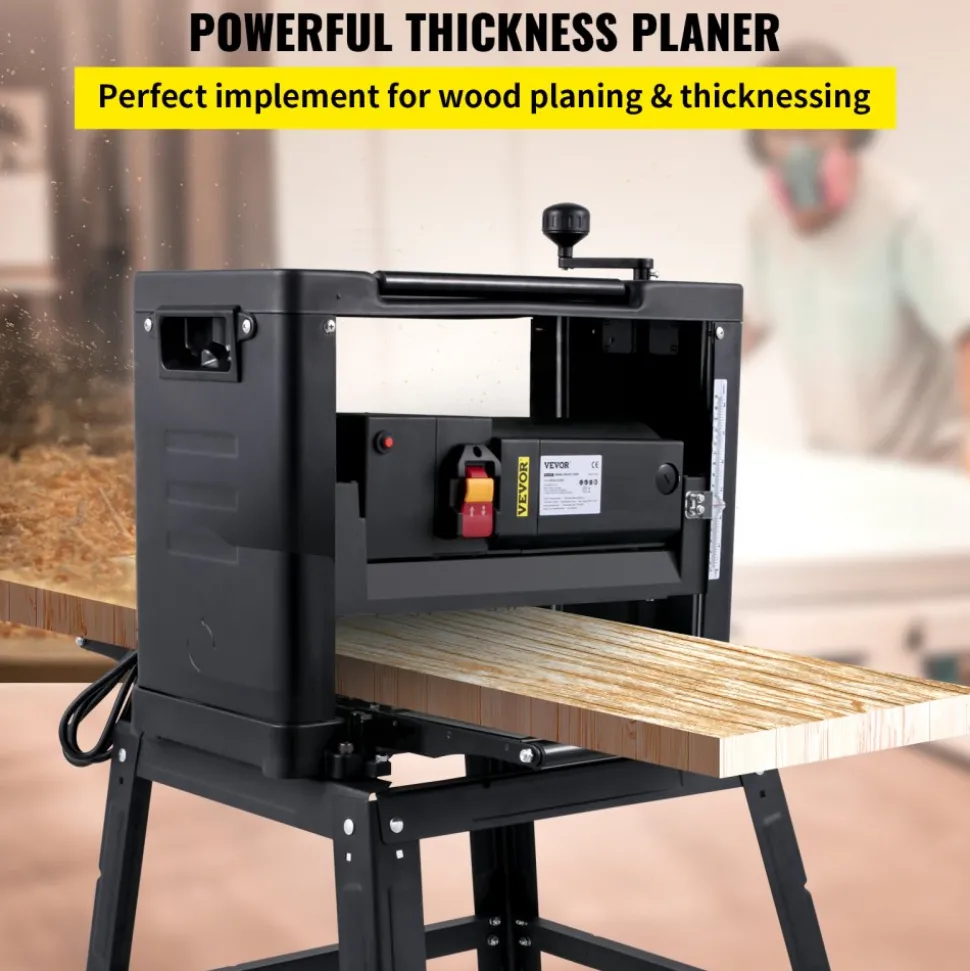 VEVOR Thickness Planer 12.5 inch Wood Planer Foldable 1500W Thickness Planer Woodworking 315"/min Feed Rate Double Cutter Benchtop Thickness Planer with Dust Exhaust Interface Stand for Woodworking