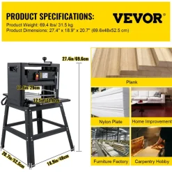 VEVOR Thickness Planer 12.5 inch Wood Planer Foldable 1500W Thickness Planer Woodworking 315