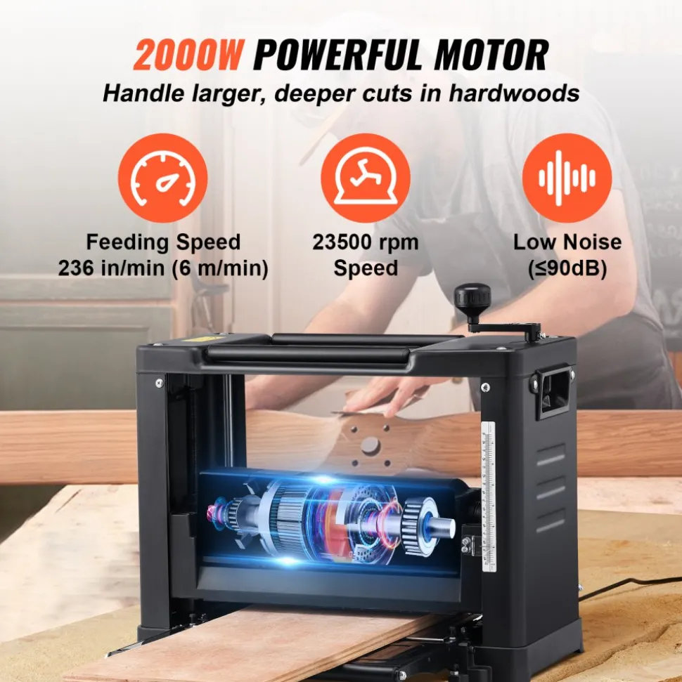 VEVOR Thickness Planer, Single Speed, 13" Width Worktable Benchtop Planer, Two-Blade, 15-Amp 2000W Powerful Motor, 12" Extended Infeeding Table, Low Noise for both hard & soft wood material removal
