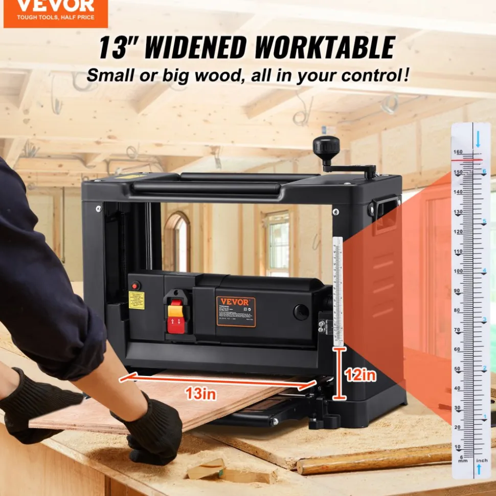 VEVOR Thickness Planer, Single Speed, 13" Width Worktable Benchtop Planer, Two-Blade, 15-Amp 2000W Powerful Motor, 12" Extended Infeeding Table, Low Noise for both hard & soft wood material removal
