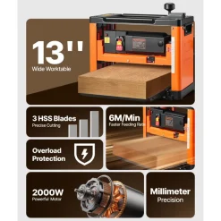 VEVOR Thickness Planer, Three-Blade, 13-Inch Width Worktable Power Benchtop Planer, 2000W 23500 RPM Powerful Motor, Dual Rollers, Over Protection, Single Speed Woodworking, for Hard Soft Wood Material
