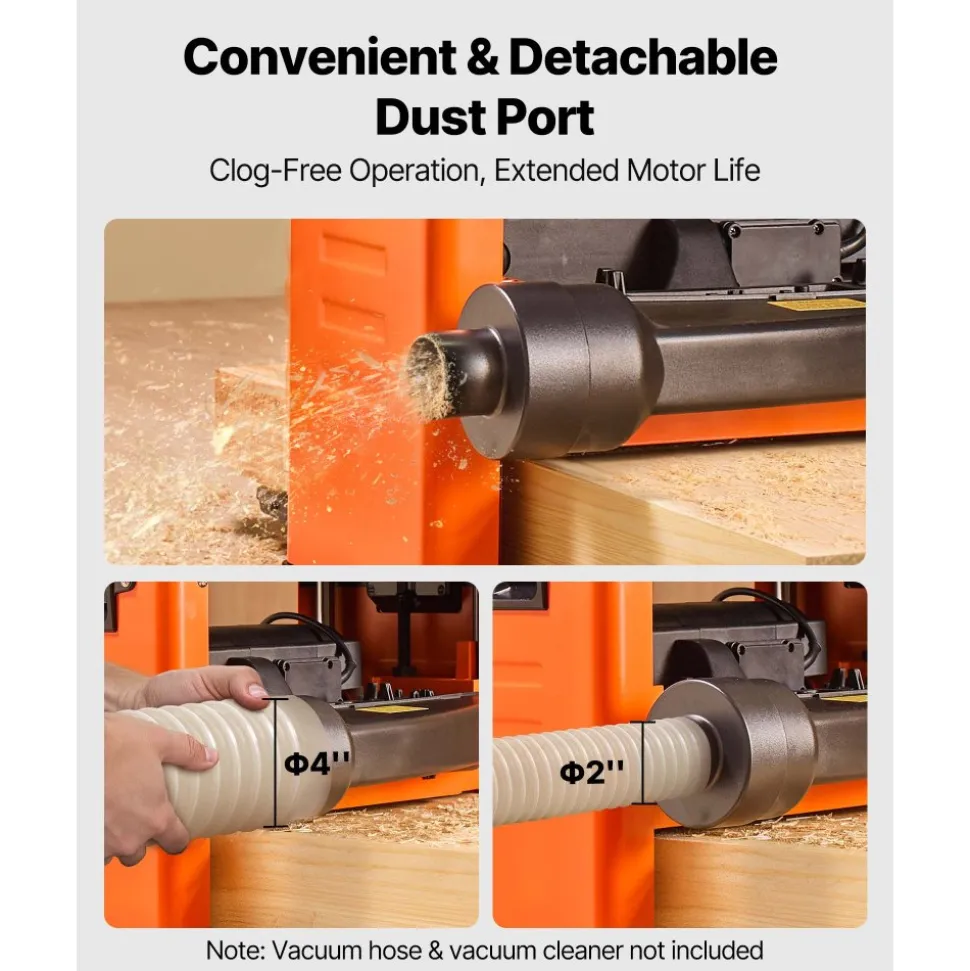 VEVOR Thickness Planer, Three-Blade, 13-Inch Width Worktable Power Benchtop Planer, 2000W 23500 RPM Powerful Motor, Dual Rollers, Over Protection, Single Speed Woodworking, for Hard Soft Wood Material