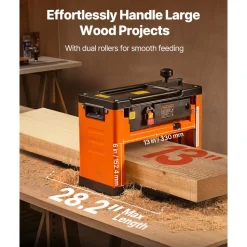VEVOR Thickness Planer, Three-Blade, 13-Inch Width Worktable Power Benchtop Planer, 2000W 23500 RPM Powerful Motor, Dual Rollers, Over Protection, Single Speed Woodworking, for Hard Soft Wood Material