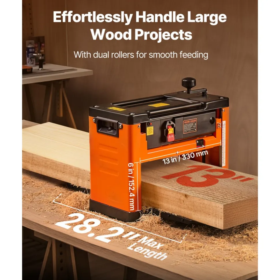 VEVOR Thickness Planer, Three-Blade, 13-Inch Width Worktable Power Benchtop Planer, 2000W 23500 RPM Powerful Motor, Dual Rollers, Over Protection, Single Speed Woodworking, for Hard Soft Wood Material