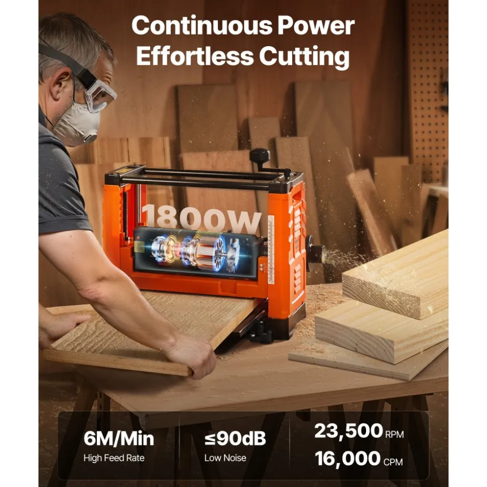 VEVOR Thickness Planer, Two-Blade, 13-Inch Width Worktable Power Benchtop Planer, 1800W 23500 RPM Powerful Motor, Dual Rollers, Over Protection, Single Speed Woodworking, for Hard & Soft Wood Material