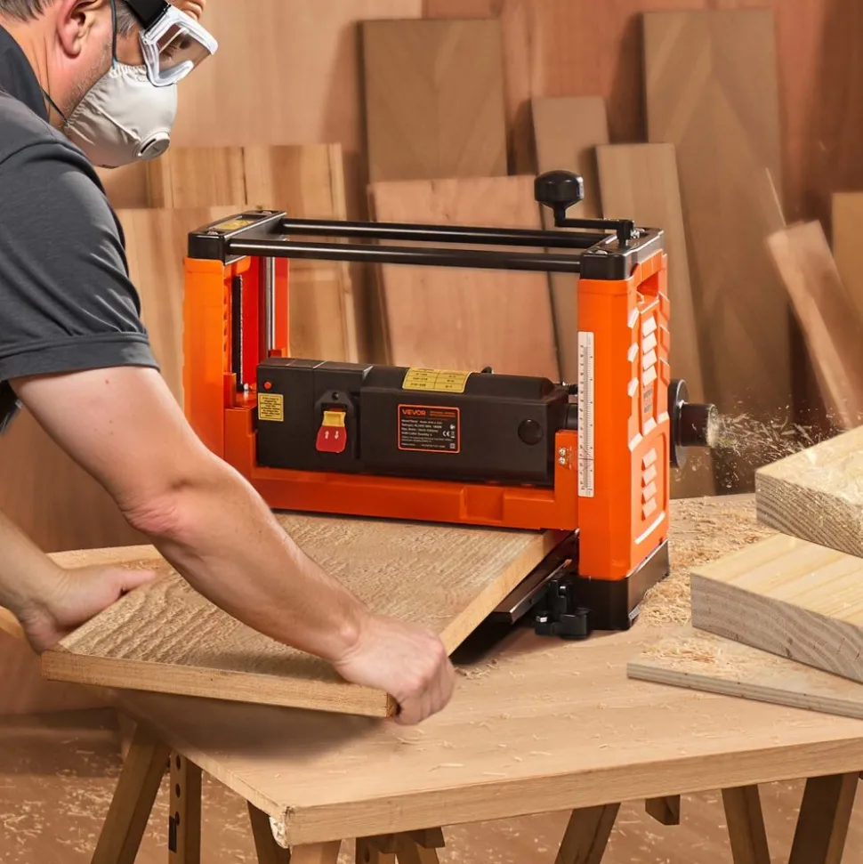 VEVOR Thickness Planer, Two-Blade, 13-Inch Width Worktable Power Benchtop Planer, 1800W 23500 RPM Powerful Motor, Dual Rollers, Over Protection, Single Speed Woodworking, for Hard & Soft Wood Material