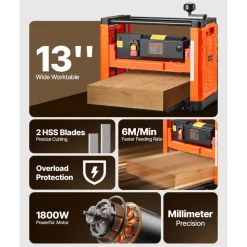 VEVOR Thickness Planer, Two-Blade, 13-Inch Width Worktable Power Benchtop Planer, 1800W 23500 RPM Powerful Motor, Dual Rollers, Over Protection, Single Speed Woodworking, for Hard & Soft Wood Material