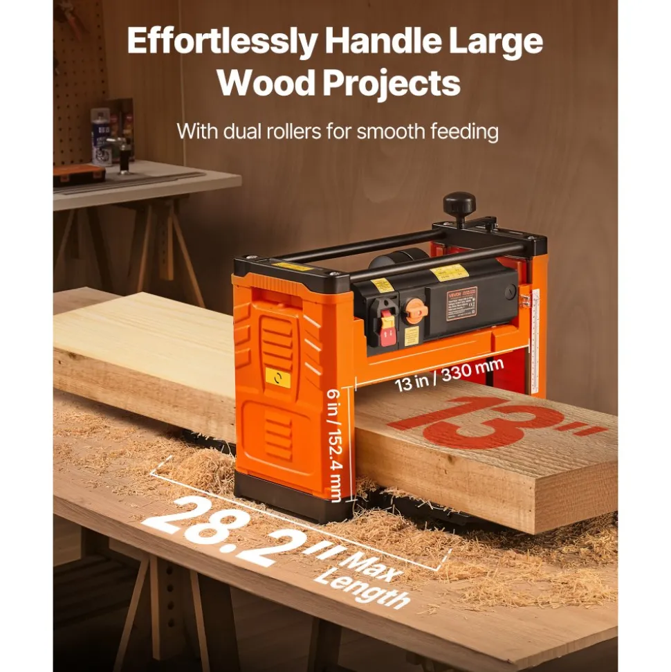 VEVOR Thickness Planer, Two Speed, 13-Inch Width Worktable Power Benchtop Planer, Three-Blade, 2000W 23500 RPM Powerful Motor, Dual Rollers, Over Protection, Woodworking for Hard & Soft Wood Material