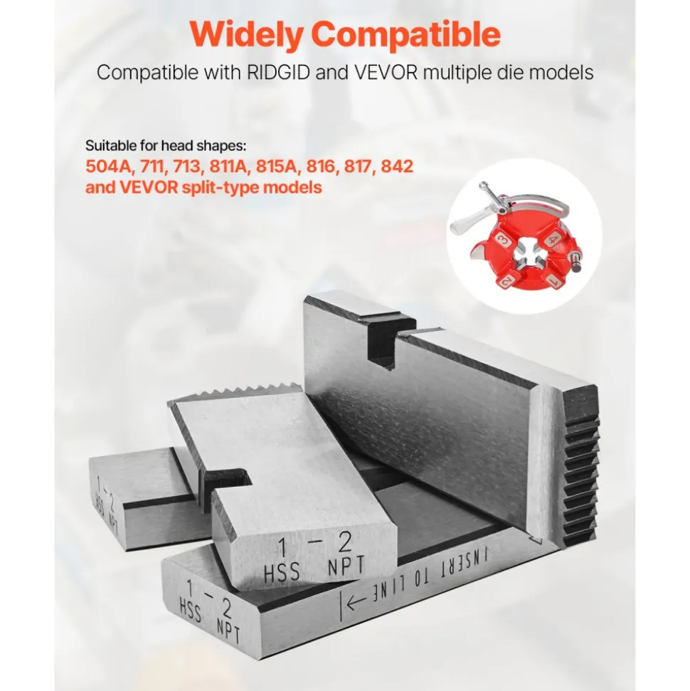 VEVOR Threading Machine Dies, 1"-2" NPT Pipe Dies(4 Packs), Right-Handed HSS Pipe Threading Dies, Fit VEVOR Split-Type Machines, RIDGID Universal Die Heads 504A, 711, 713, 811A, 815A, 816, 817, 842