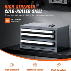 VEVOR Three-Drawer Steel Cabinet for End Mill Organization, Accommodates 1/8" to 1", Features 29 Compartments with Labels, Stackable Design for Efficient Storage