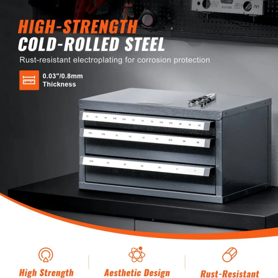 VEVOR Three-Drawer Steel Cabinet for End Mill Organization, Accommodates 1/8" to 1", Features 29 Compartments with Labels, Stackable Design for Efficient Storage