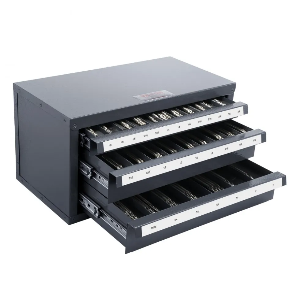 VEVOR Three-Drawer Steel Cabinet for End Mill Organization, Accommodates 1/8" to 1", Features 29 Compartments with Labels, Stackable Design for Efficient Storage