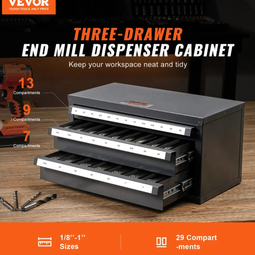 VEVOR Three-Drawer Steel Cabinet for End Mill Organization, Accommodates 1/8" to 1", Features 29 Compartments with Labels, Stackable Design for Efficient Storage