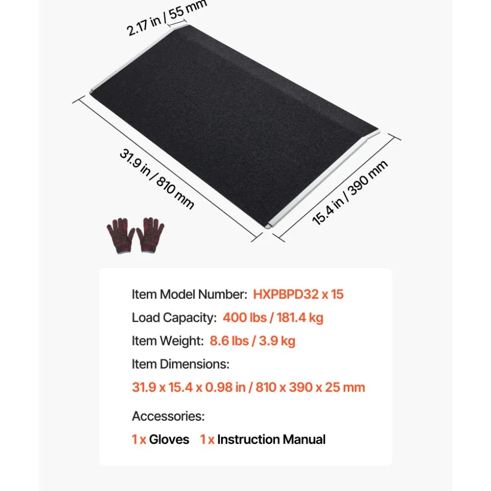 VEVOR Threshold Ramp for Doorways, 31.9 x 15.4 in, Platform Aluminum Wheelchair Ramp, Non-Slip Door Threshold Ramps, 400 lbs Load Capacity, for Home Steps, Curbs, Wheelchairs, Walkers, Scooter, Carts
