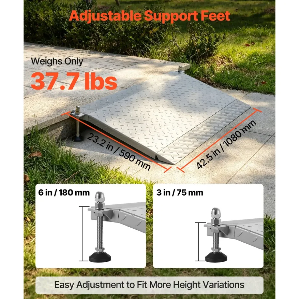 VEVOR Threshold Ramp for Doorways, 42.5 x 23.2 in, Platform Aluminum Wheelchair Ramp with Adjustable Height, Non-Slip Door Threshold Ramps, 1000 lbs Capacity, for Home Steps, Wheelchairs, Walkers