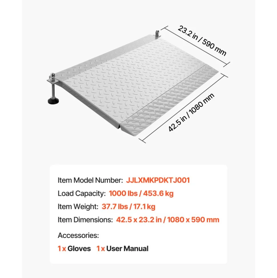 VEVOR Threshold Ramp for Doorways, 42.5 x 23.2 in, Platform Aluminum Wheelchair Ramp with Adjustable Height, Non-Slip Door Threshold Ramps, 1000 lbs Capacity, for Home Steps, Wheelchairs, Walkers
